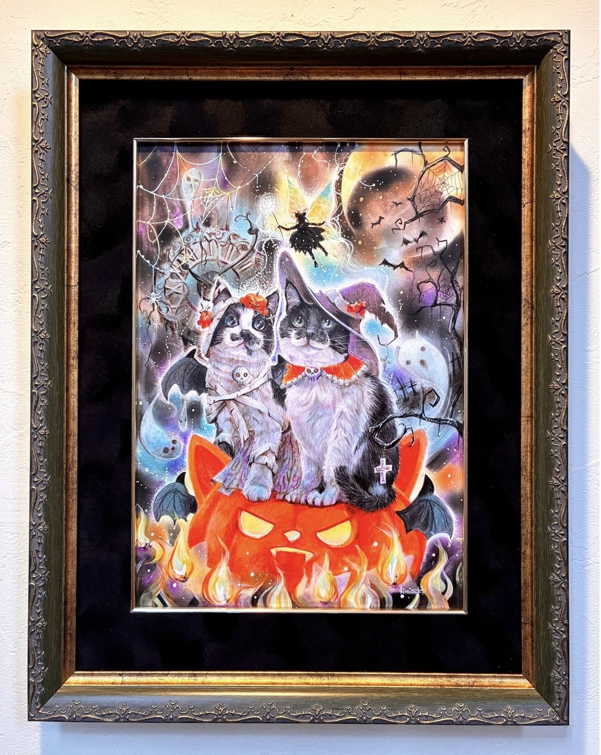 fra-me 猫ハロウィン　色鉛筆パステル画 アトリエ杜樹きみぞう。